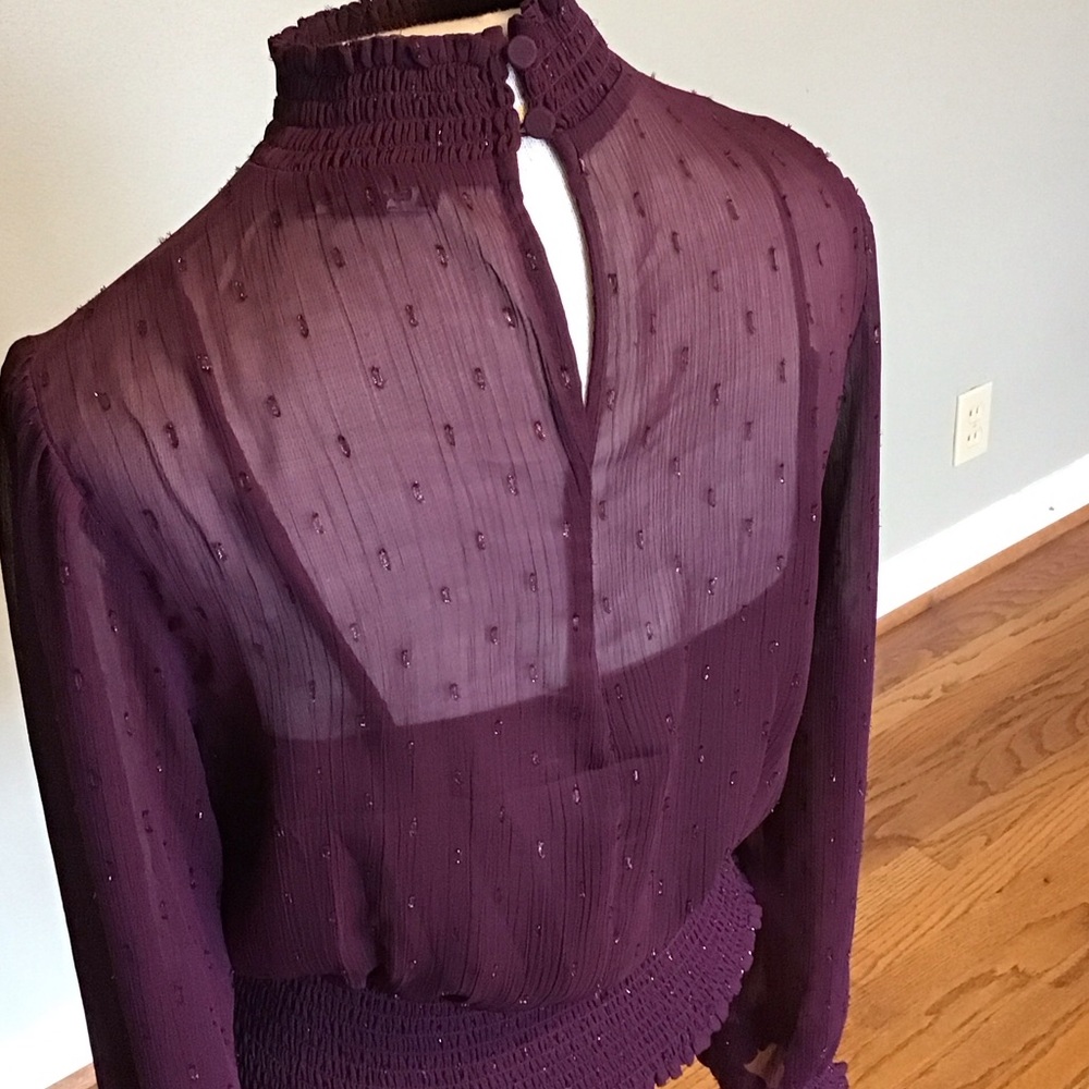 Express Burgundy Sheer Mock Neck Long Sleeves Top Built in Camisole Size Small - Picture 4 of 5